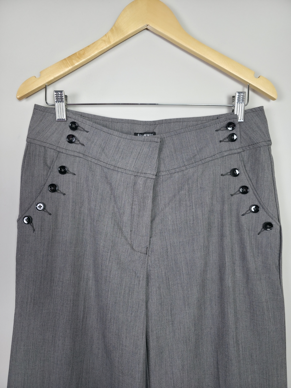 Flamingo Gray Wide Leg Pants Women Large High Rise Button Detail Stretch - Picture 10 of 15